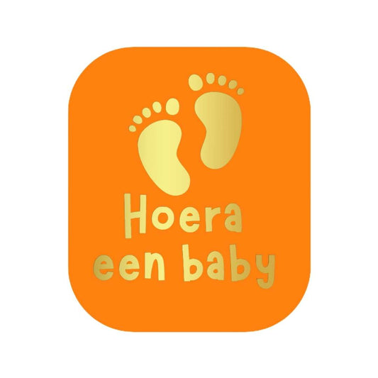 Verschlussetiketten „Hurra ein Baby" – Orange mit Metallic-Gold – Fußabdruck – 39x45 mm – 250 Stück