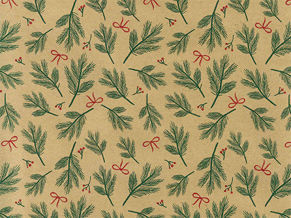 Bows & Berries rol kerstinpakpapier met dennentakken en strikjes op kraft - Kadopapier.net