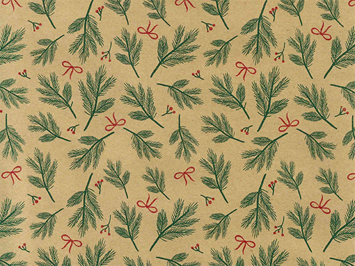 Kraft kerst inpakpapier Bows & Berries met dennentakken en strikjes - Kadopapier.net