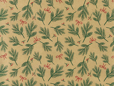 Kraft kerst inpakpapier Bows & Berries met dennentakken en strikjes - Kadopapier.net